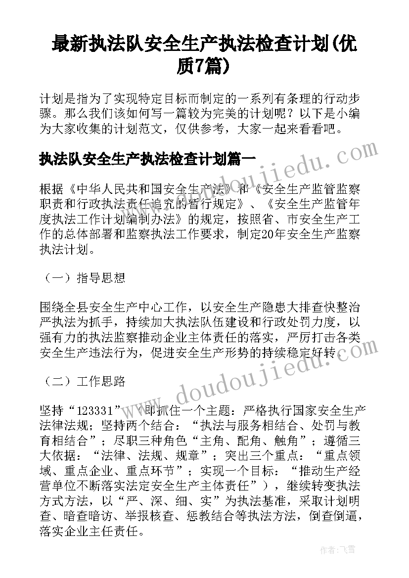 最新执法队安全生产执法检查计划(优质7篇)