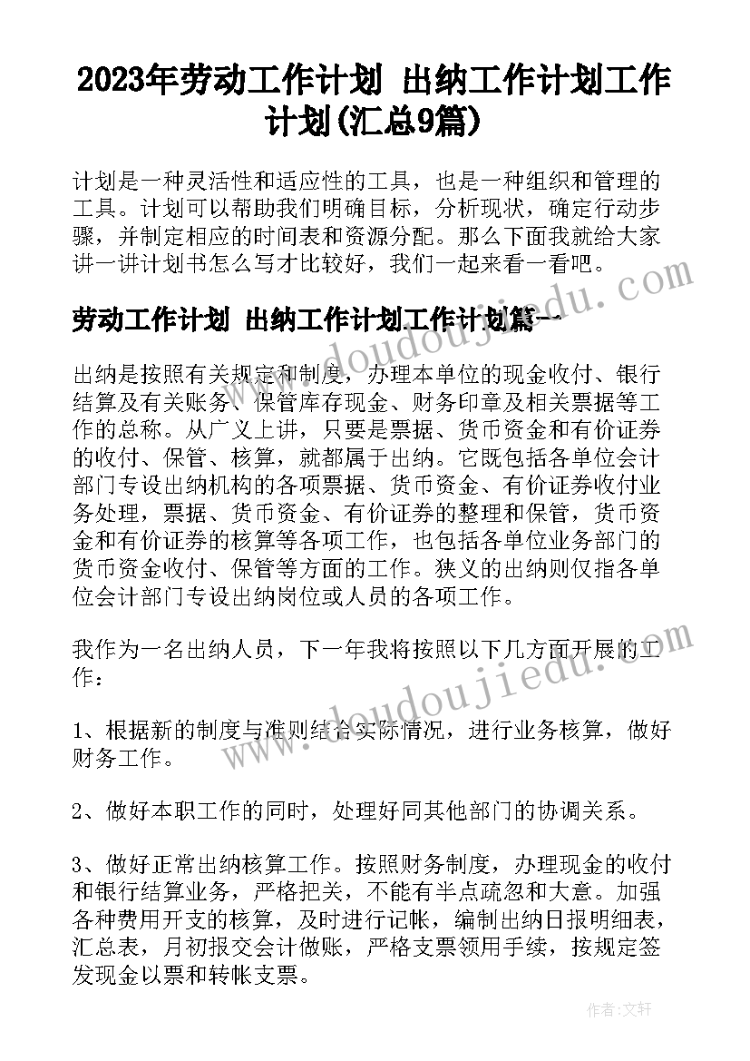 2023年劳动工作计划 出纳工作计划工作计划(汇总9篇)