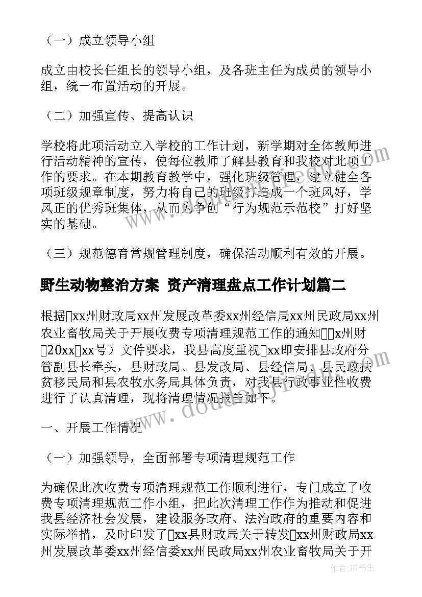 最新野生动物整治方案 资产清理盘点工作计划(优秀5篇)