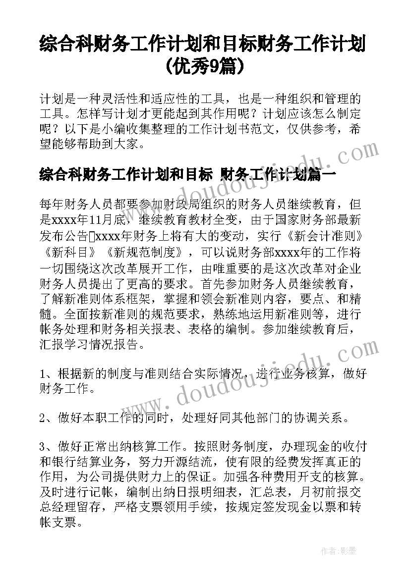 综合科财务工作计划和目标 财务工作计划(优秀9篇)