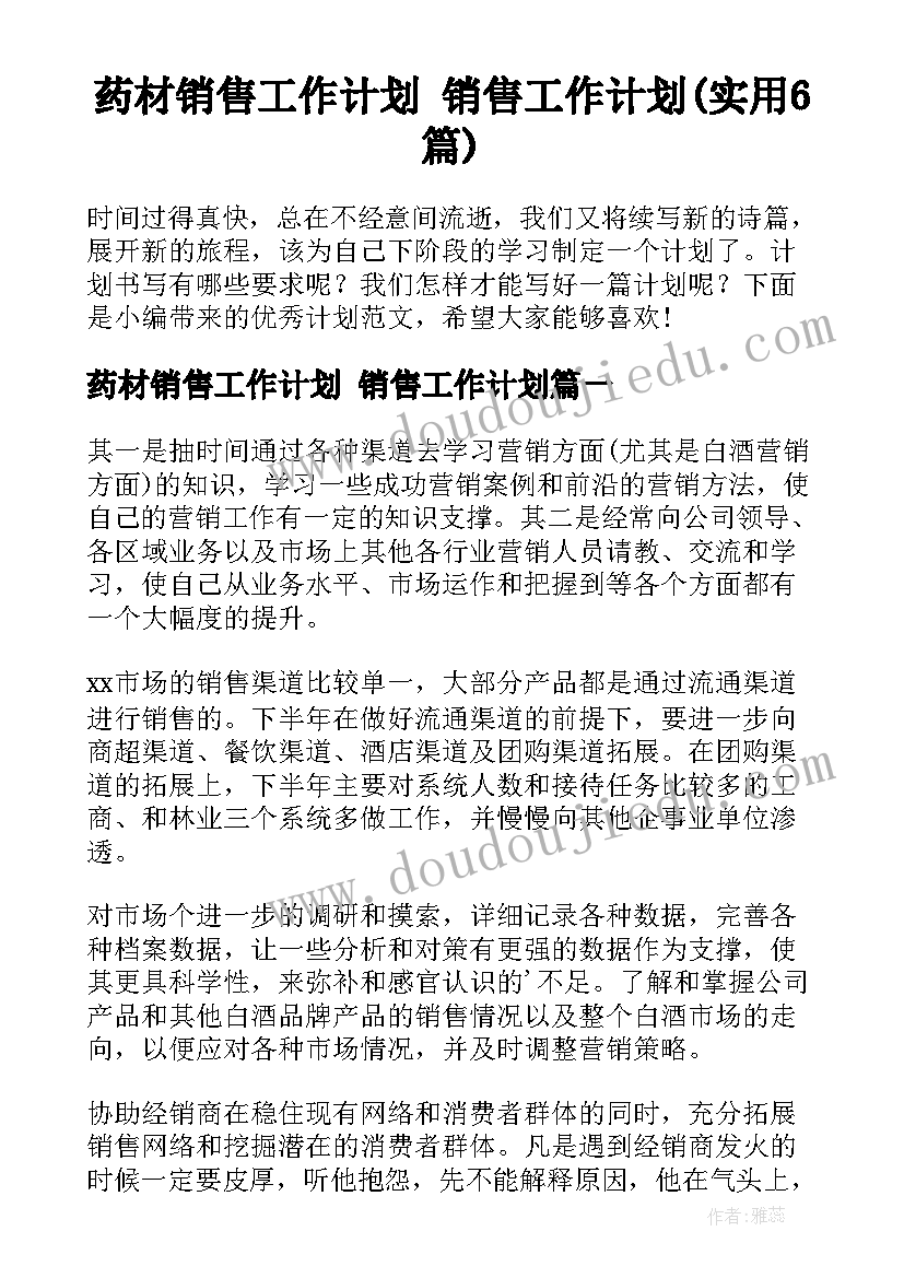 药材销售工作计划 销售工作计划(实用6篇)