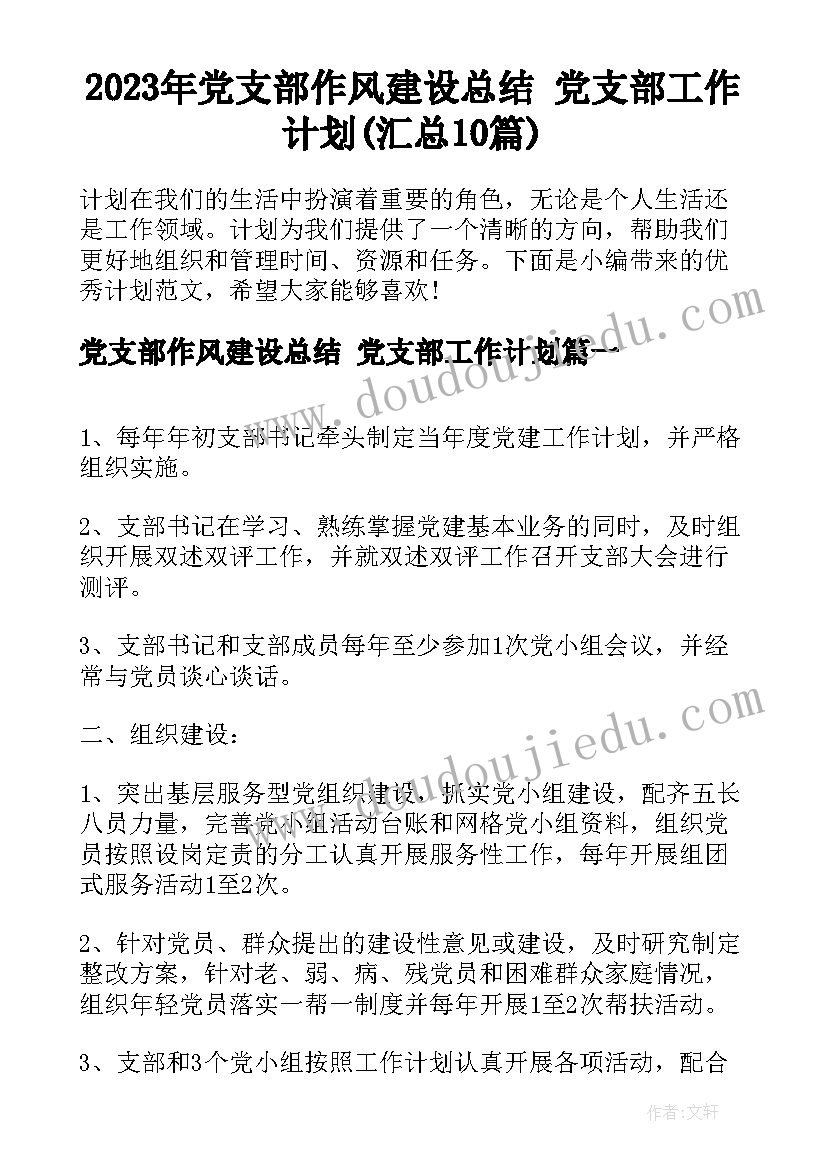 2023年党支部作风建设总结 党支部工作计划(汇总10篇)