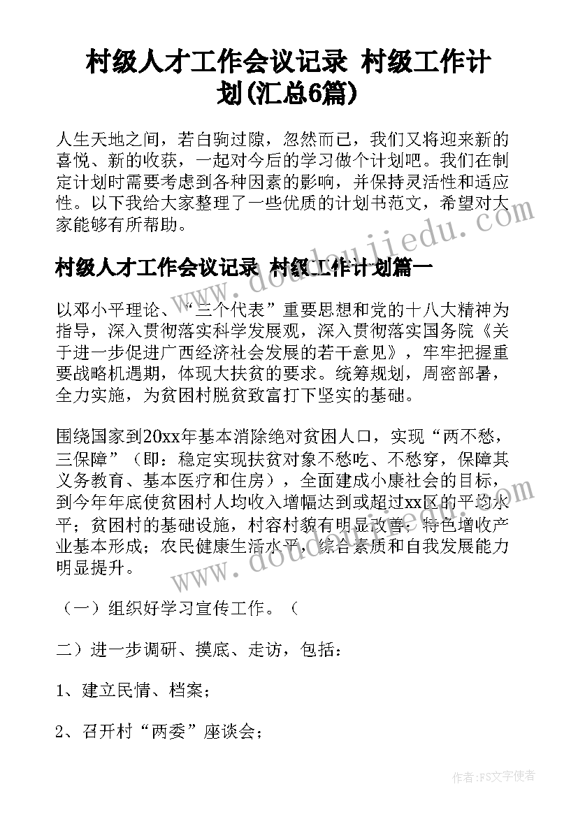 村级人才工作会议记录 村级工作计划(汇总6篇)