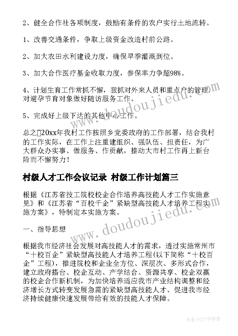 村级人才工作会议记录 村级工作计划(汇总6篇)