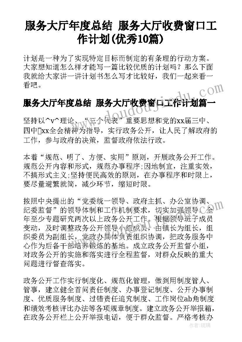 服务大厅年度总结 服务大厅收费窗口工作计划(优秀10篇)