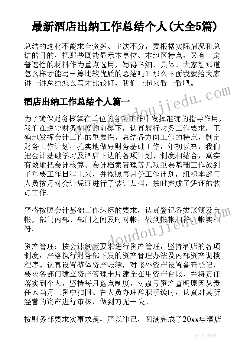 最新酒店出纳工作总结个人(大全5篇)