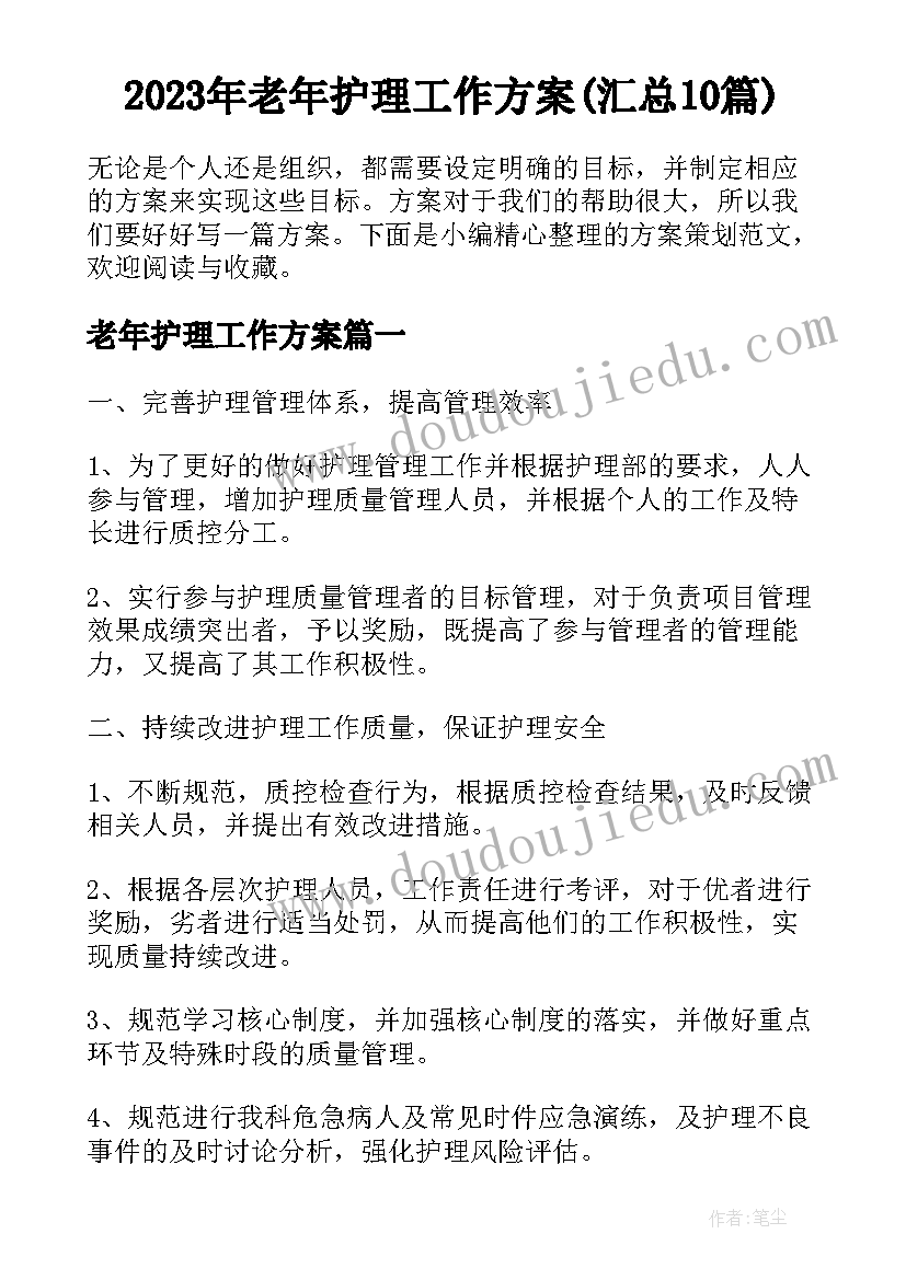 2023年老年护理工作方案(汇总10篇)