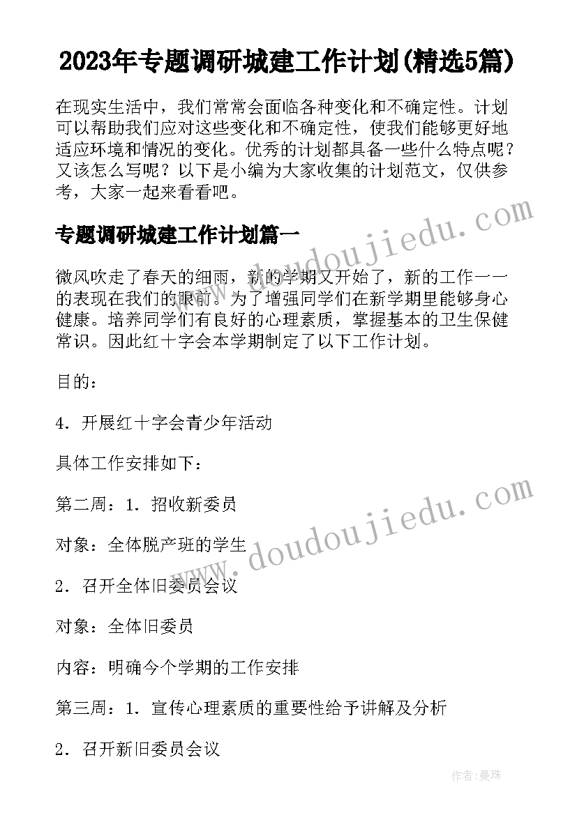 2023年专题调研城建工作计划(精选5篇)