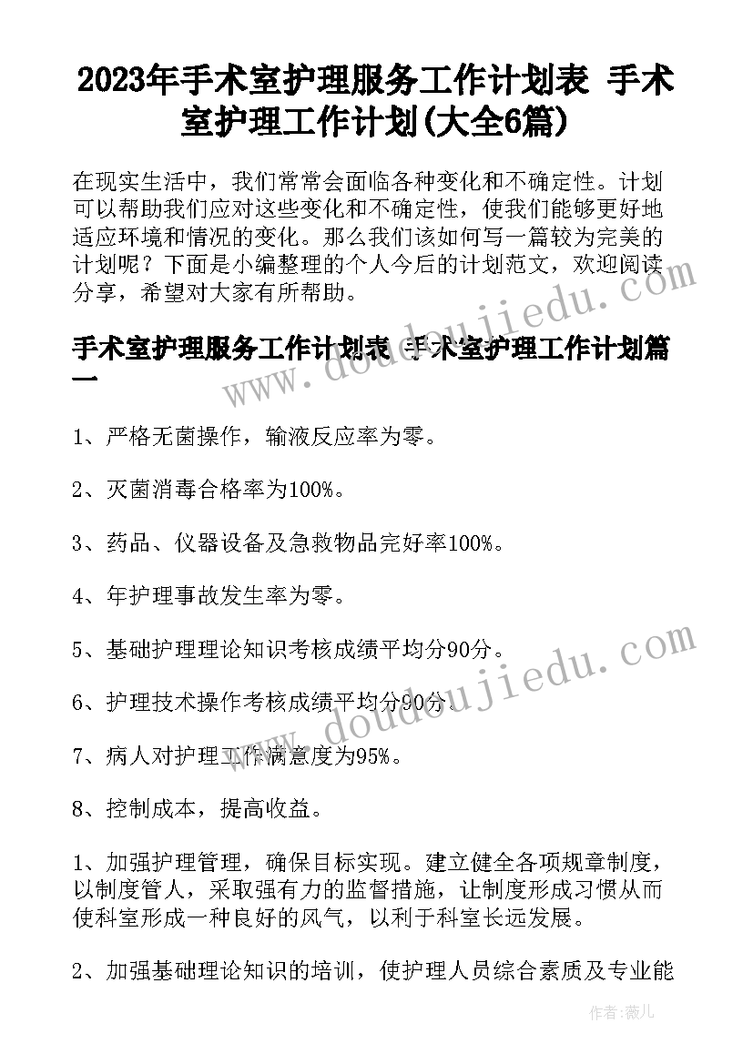 2023年手术室护理服务工作计划表 手术室护理工作计划(大全6篇)