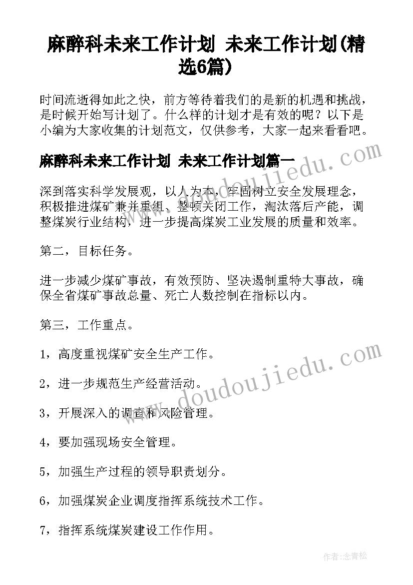 麻醉科未来工作计划 未来工作计划(精选6篇)