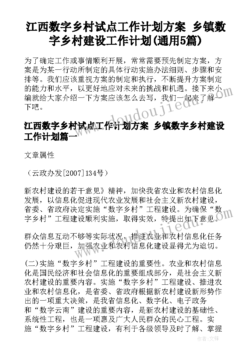 江西数字乡村试点工作计划方案 乡镇数字乡村建设工作计划(通用5篇)