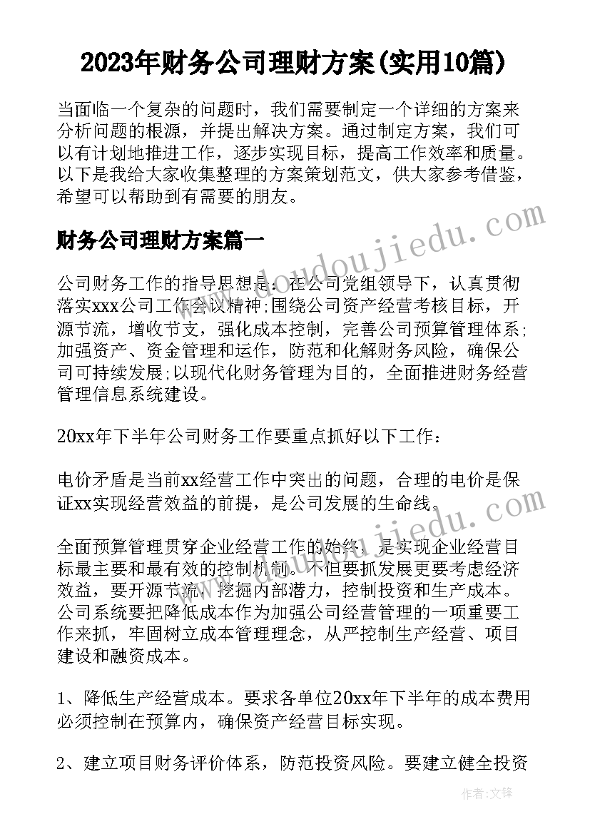 2023年财务公司理财方案(实用10篇)