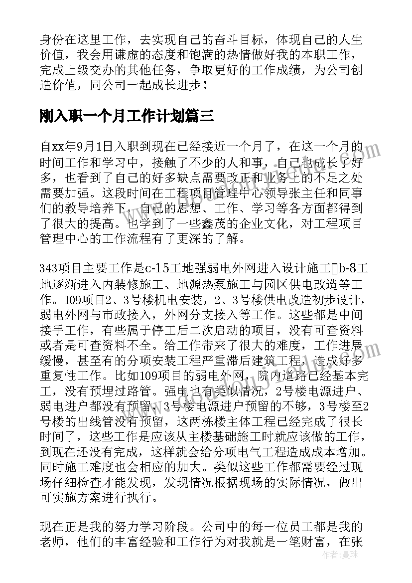 刚入职一个月工作计划(精选9篇)