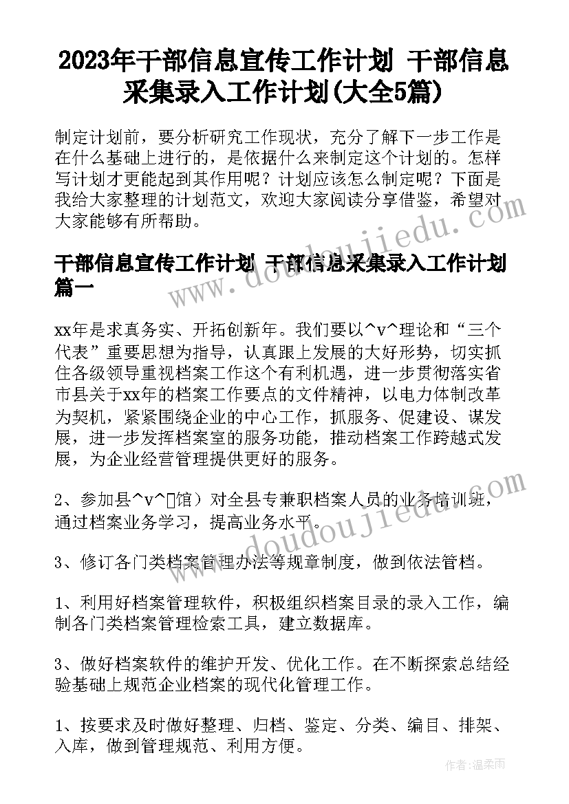 2023年干部信息宣传工作计划 干部信息采集录入工作计划(大全5篇)