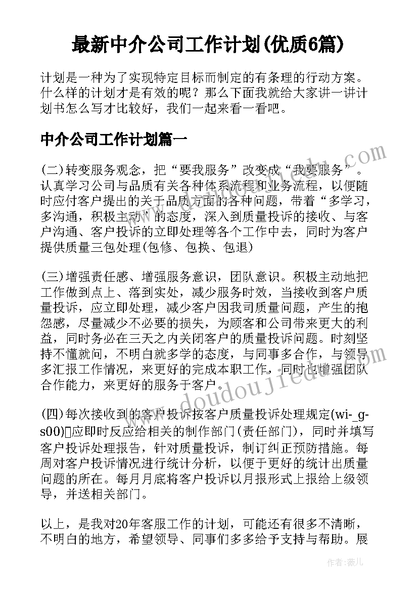 最新中介公司工作计划(优质6篇)