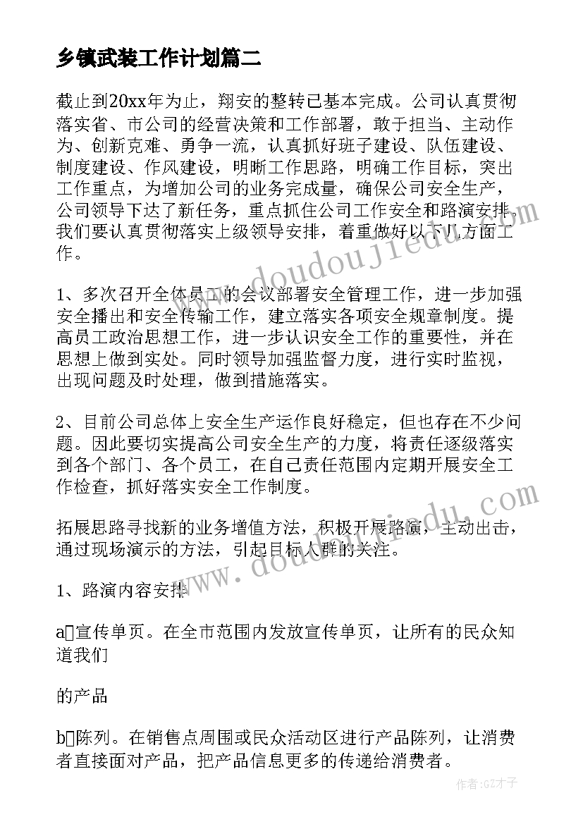 乡镇武装工作计划(大全7篇)