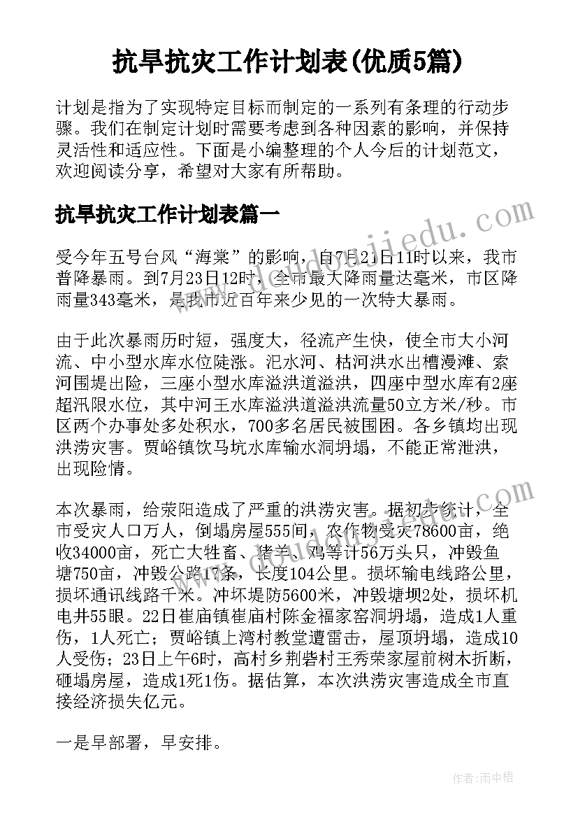 抗旱抗灾工作计划表(优质5篇)