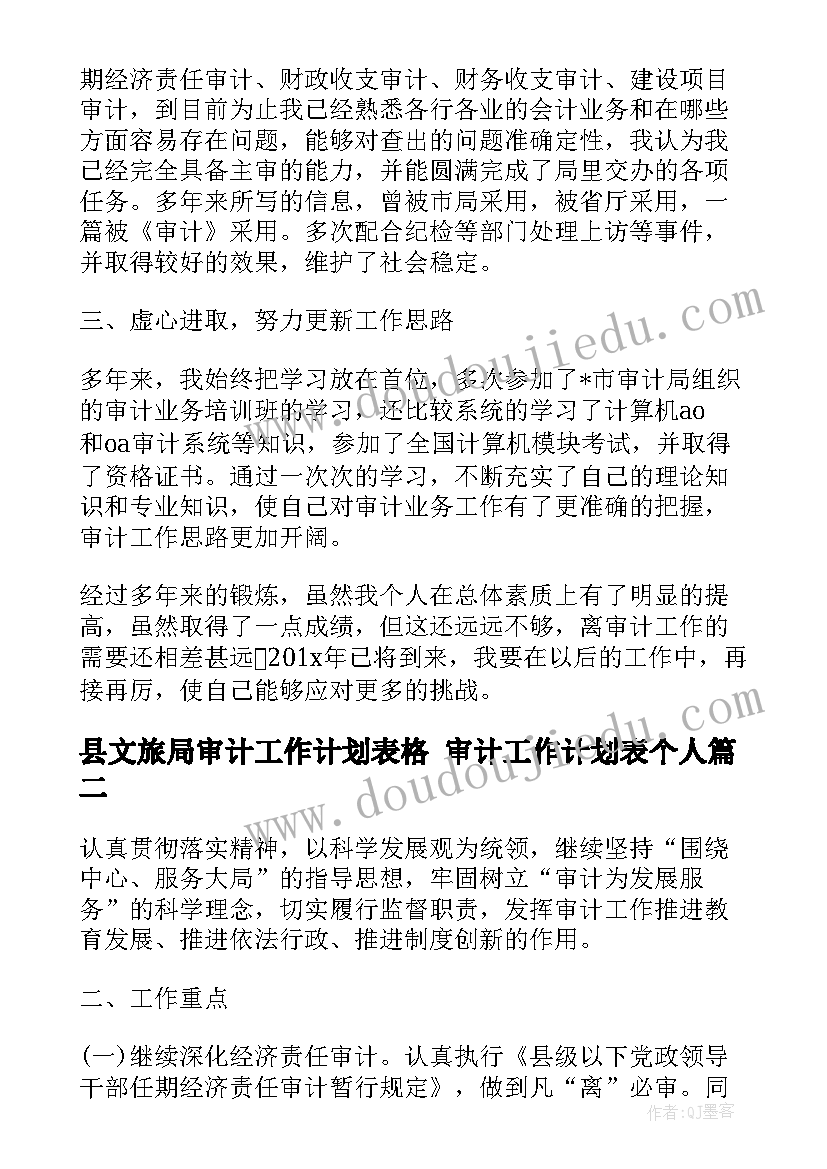 县文旅局审计工作计划表格 审计工作计划表个人(优秀5篇)