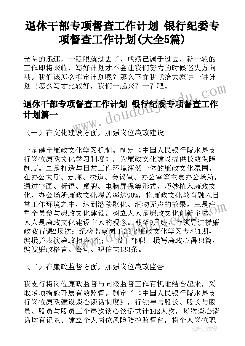 退休干部专项督查工作计划 银行纪委专项督查工作计划(大全5篇)