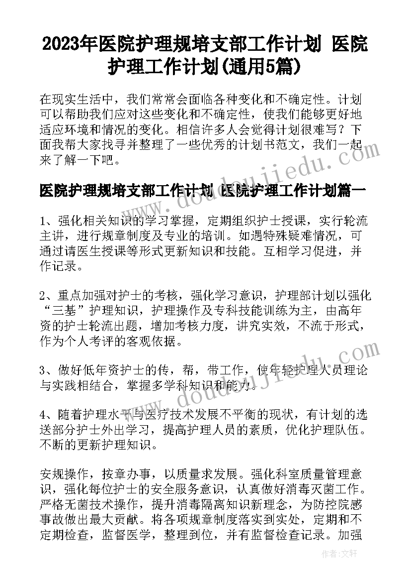 2023年医院护理规培支部工作计划 医院护理工作计划(通用5篇)