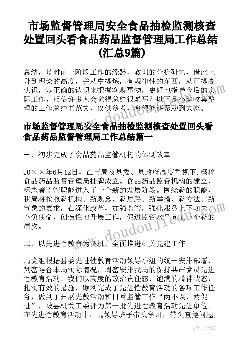 市场监督管理局安全食品抽检监测核查处置回头看 食品药品监督管理局工作总结(汇总9篇)