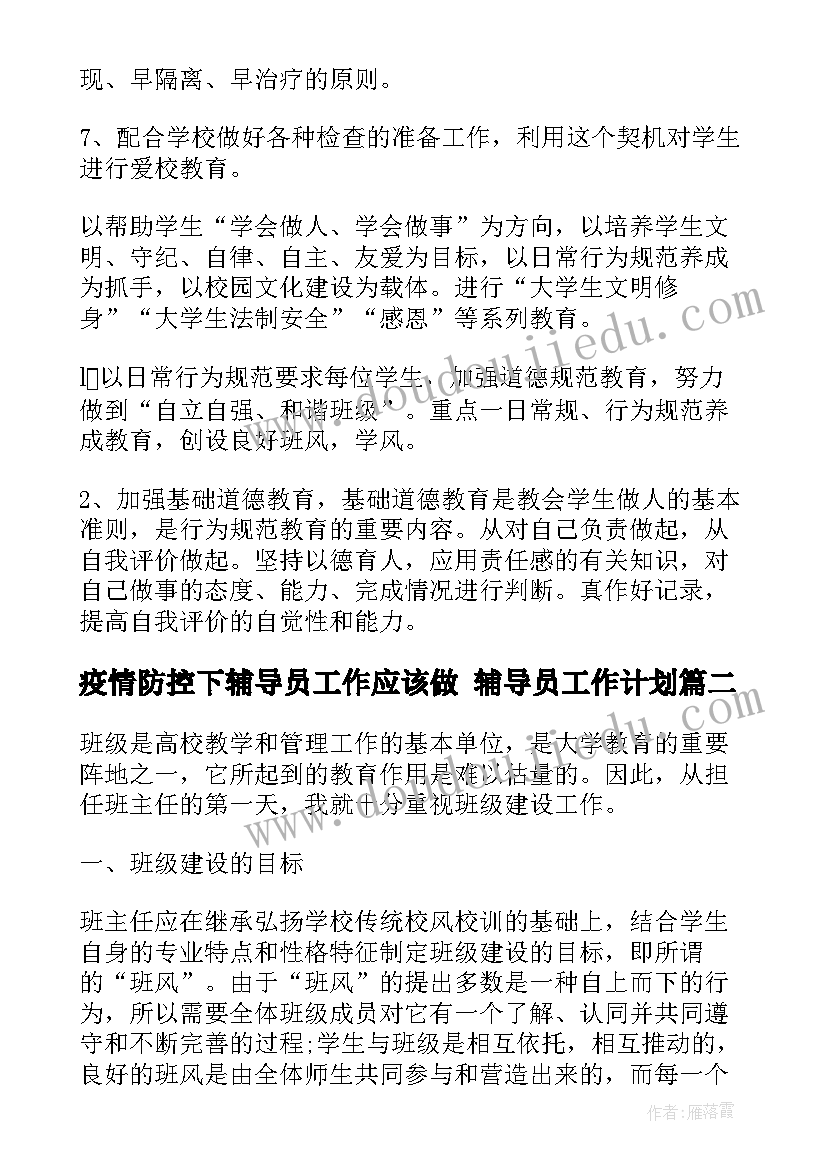 疫情防控下辅导员工作应该做 辅导员工作计划(优质5篇)