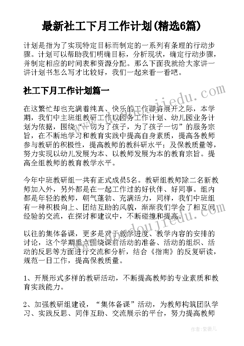 最新社工下月工作计划(精选6篇)