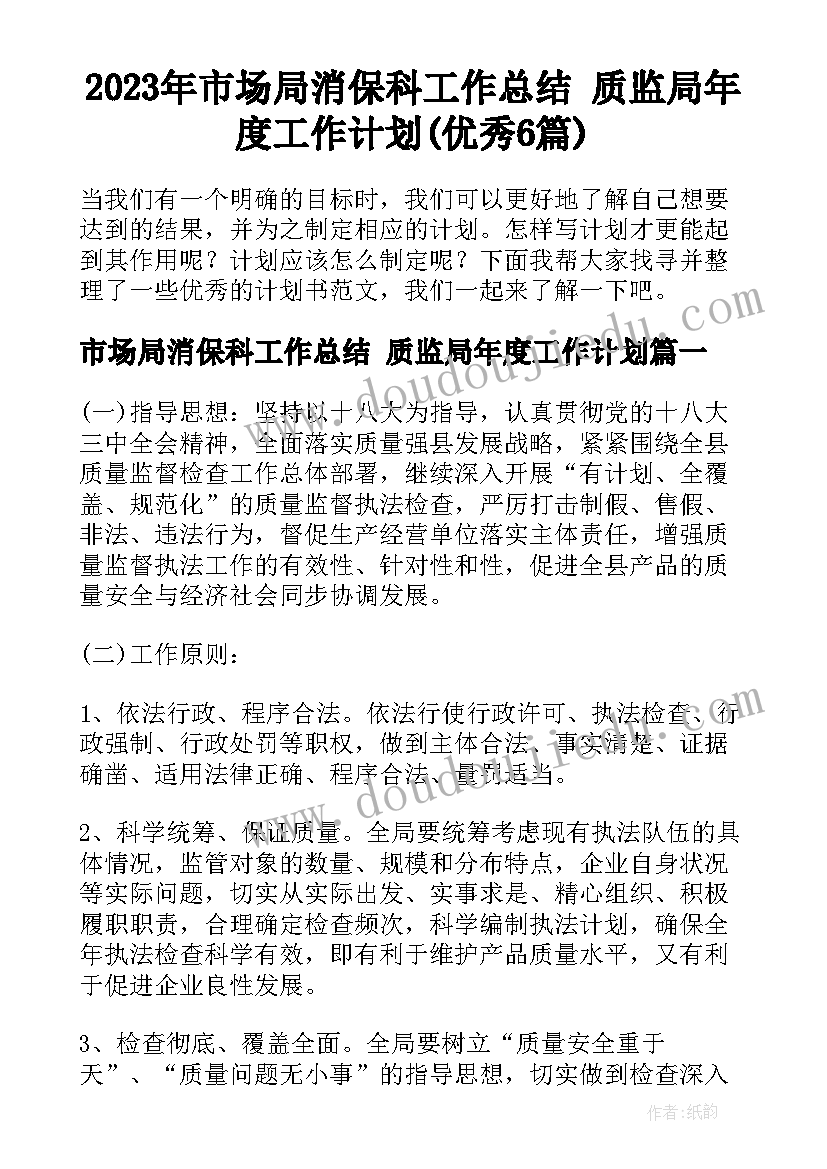 2023年市场局消保科工作总结 质监局年度工作计划(优秀6篇)