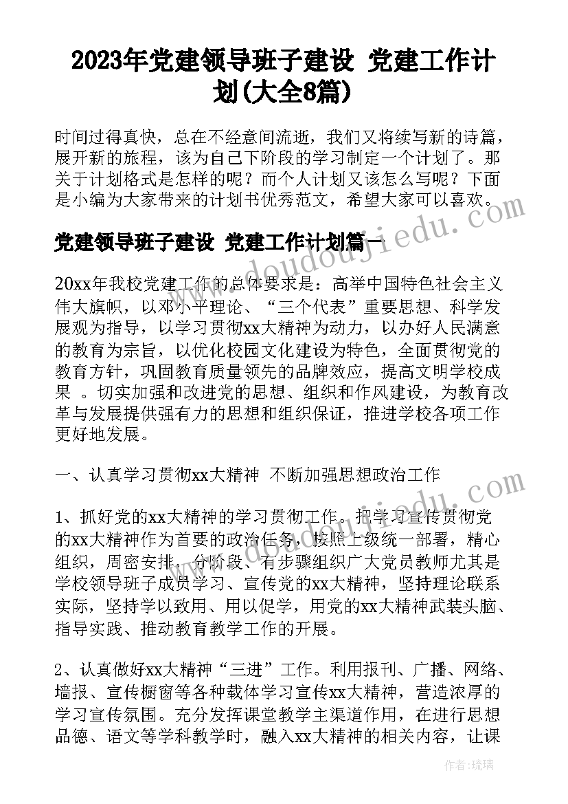 2023年党建领导班子建设 党建工作计划(大全8篇)