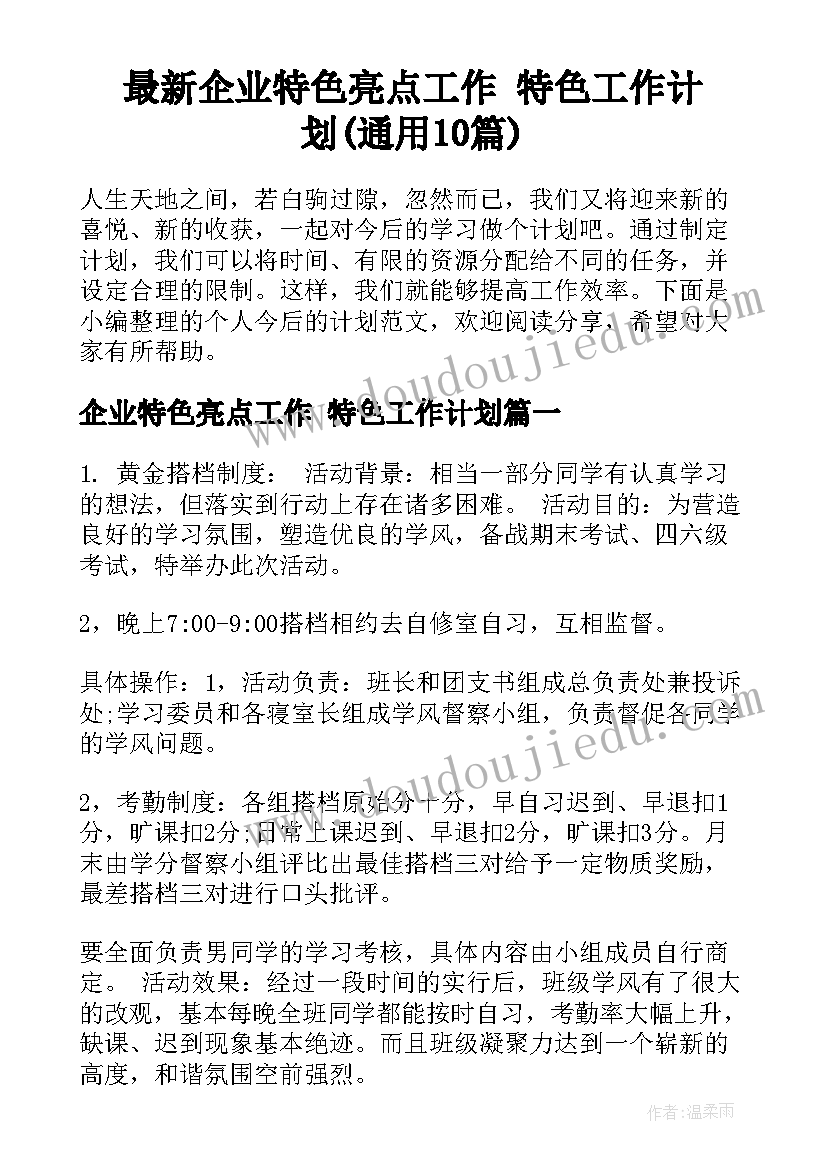 最新企业特色亮点工作 特色工作计划(通用10篇)