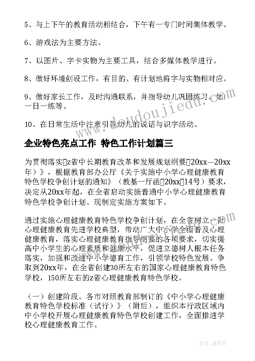 最新企业特色亮点工作 特色工作计划(通用10篇)