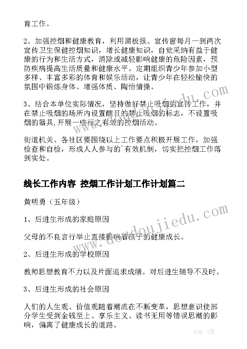 线长工作内容 控烟工作计划工作计划(大全6篇)