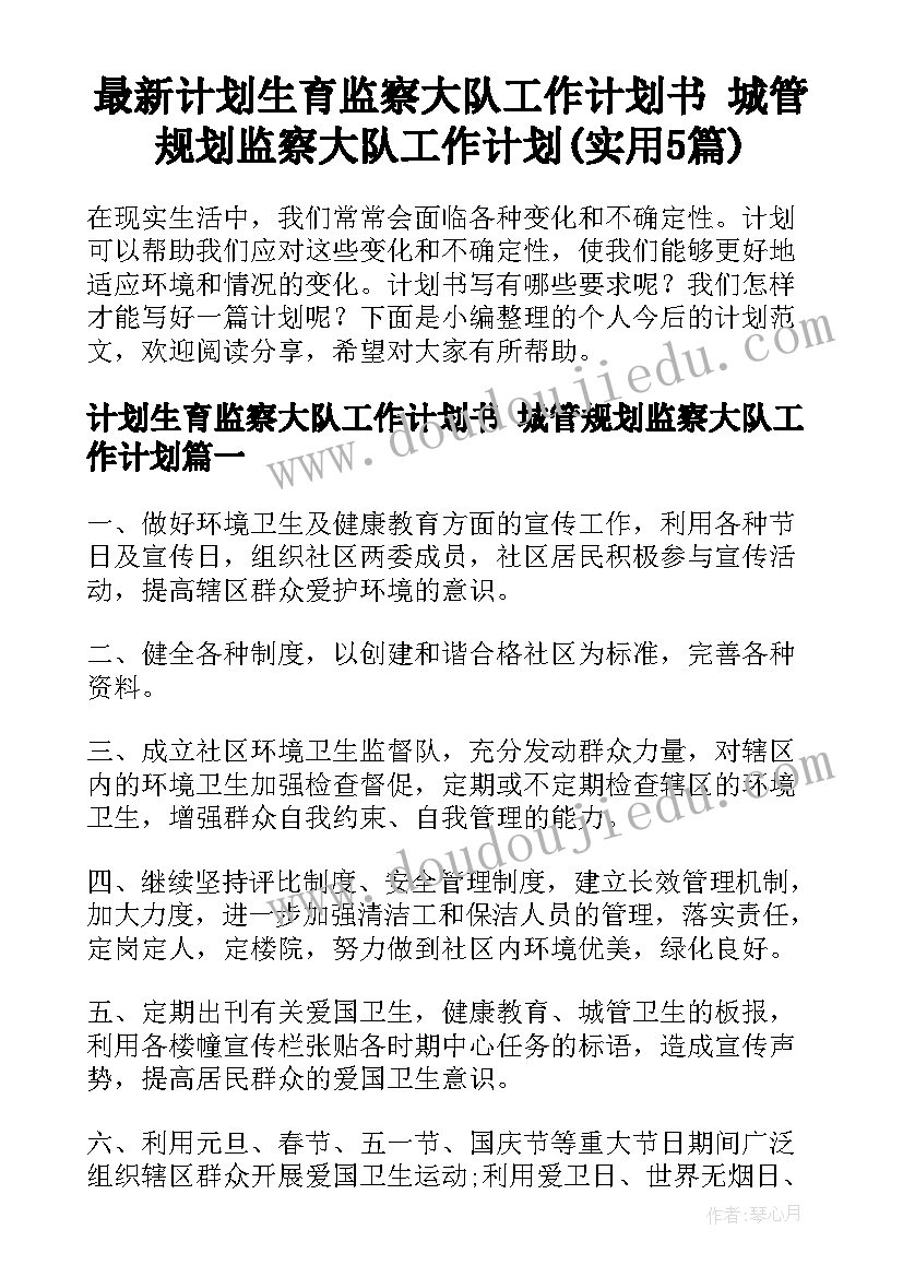 最新计划生育监察大队工作计划书 城管规划监察大队工作计划(实用5篇)