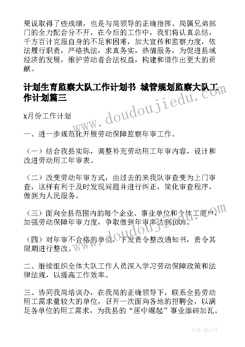 最新计划生育监察大队工作计划书 城管规划监察大队工作计划(实用5篇)