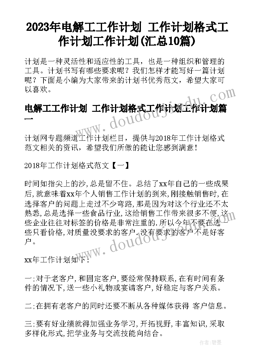 2023年电解工工作计划 工作计划格式工作计划工作计划(汇总10篇)