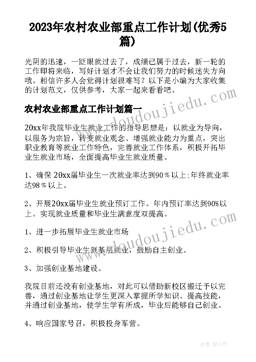 2023年农村农业部重点工作计划(优秀5篇)