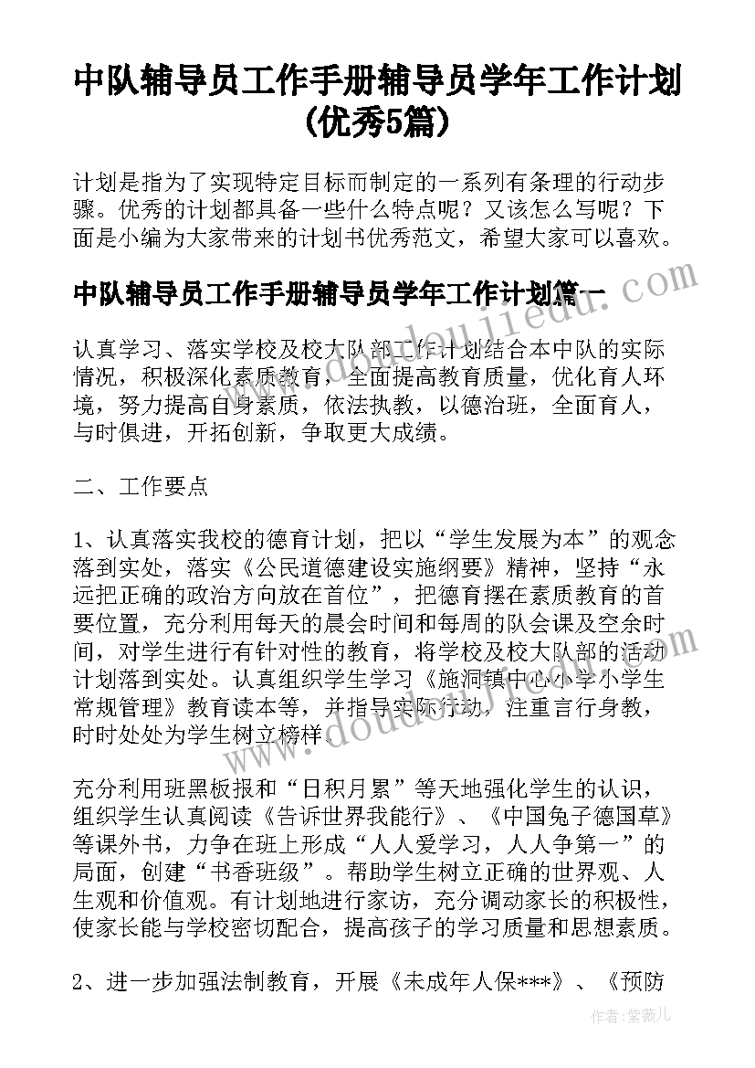 中队辅导员工作手册辅导员学年工作计划(优秀5篇)