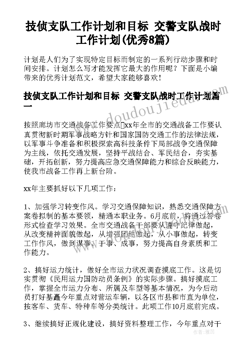 技侦支队工作计划和目标 交警支队战时工作计划(优秀8篇)