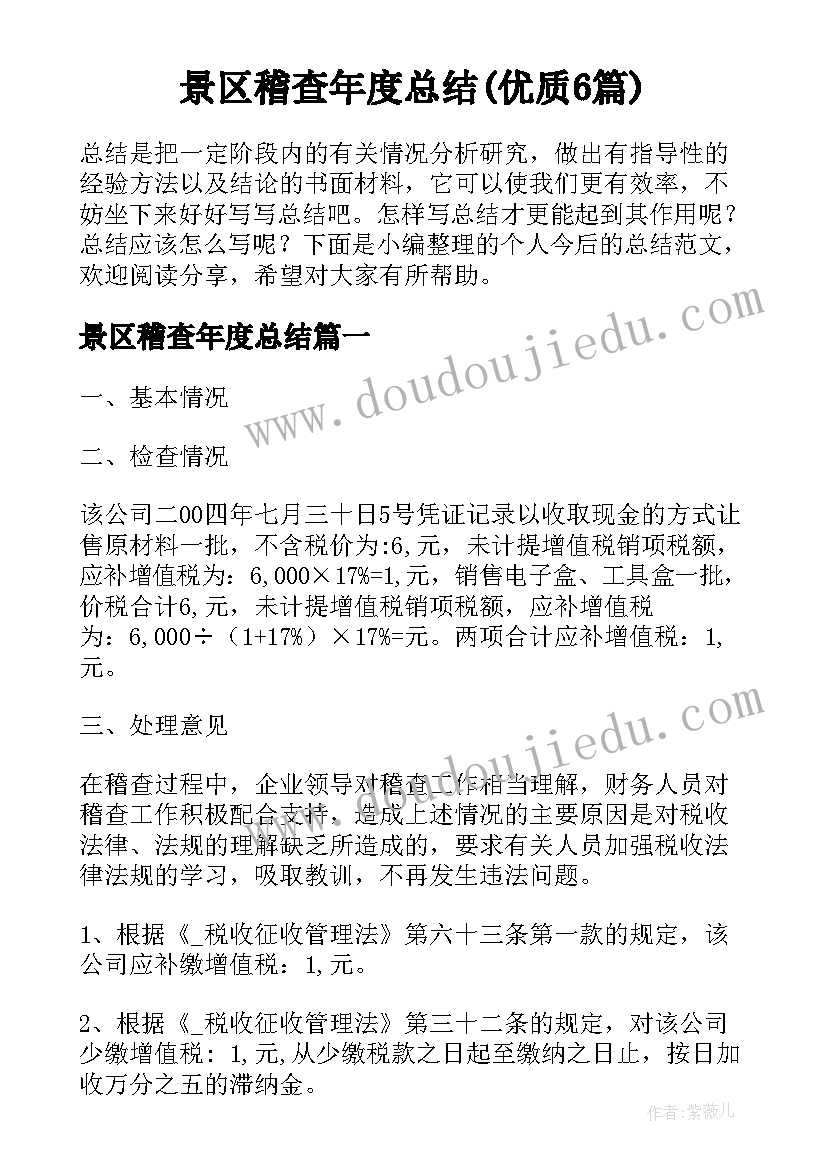 景区稽查年度总结(优质6篇)