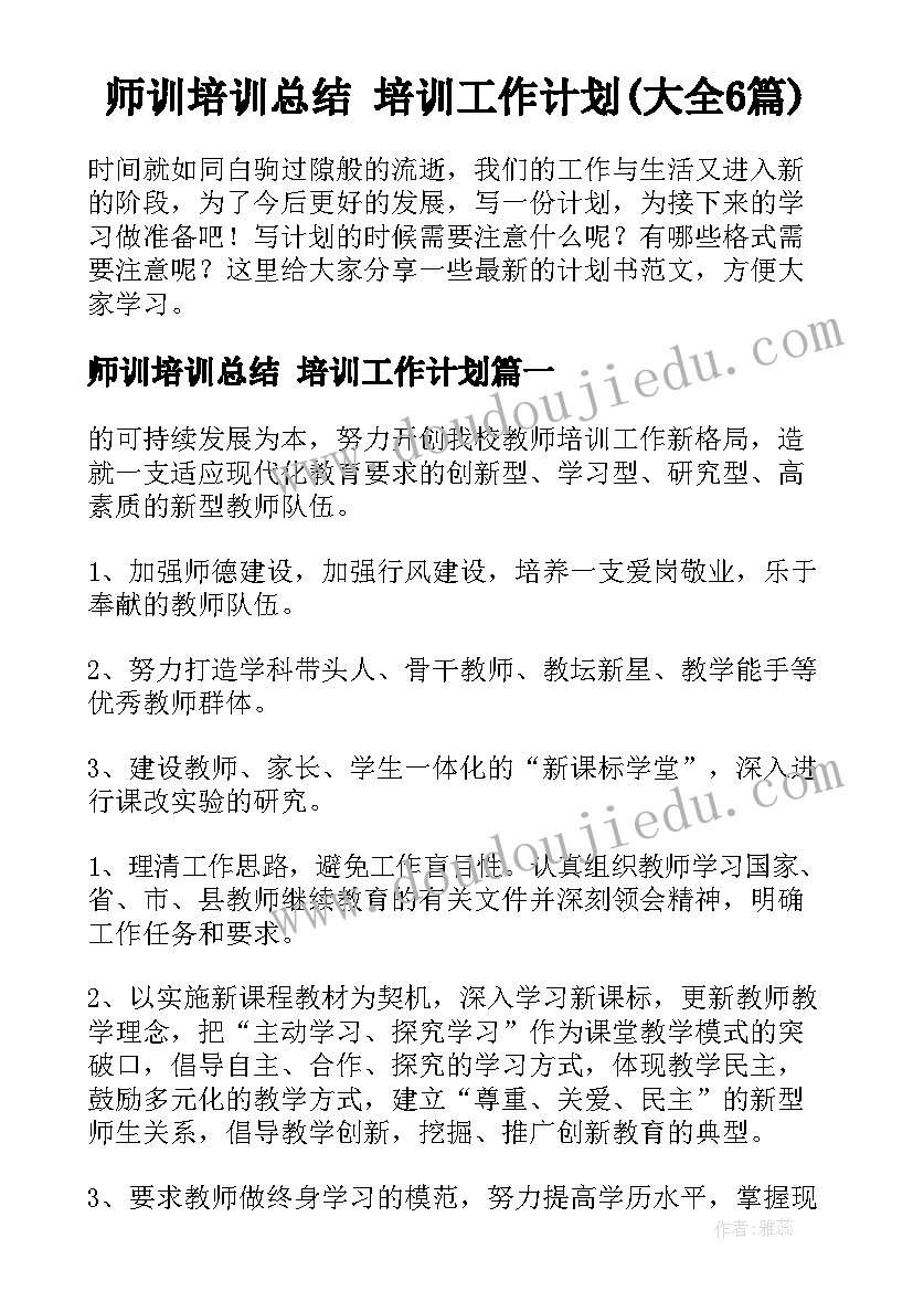 师训培训总结 培训工作计划(大全6篇)