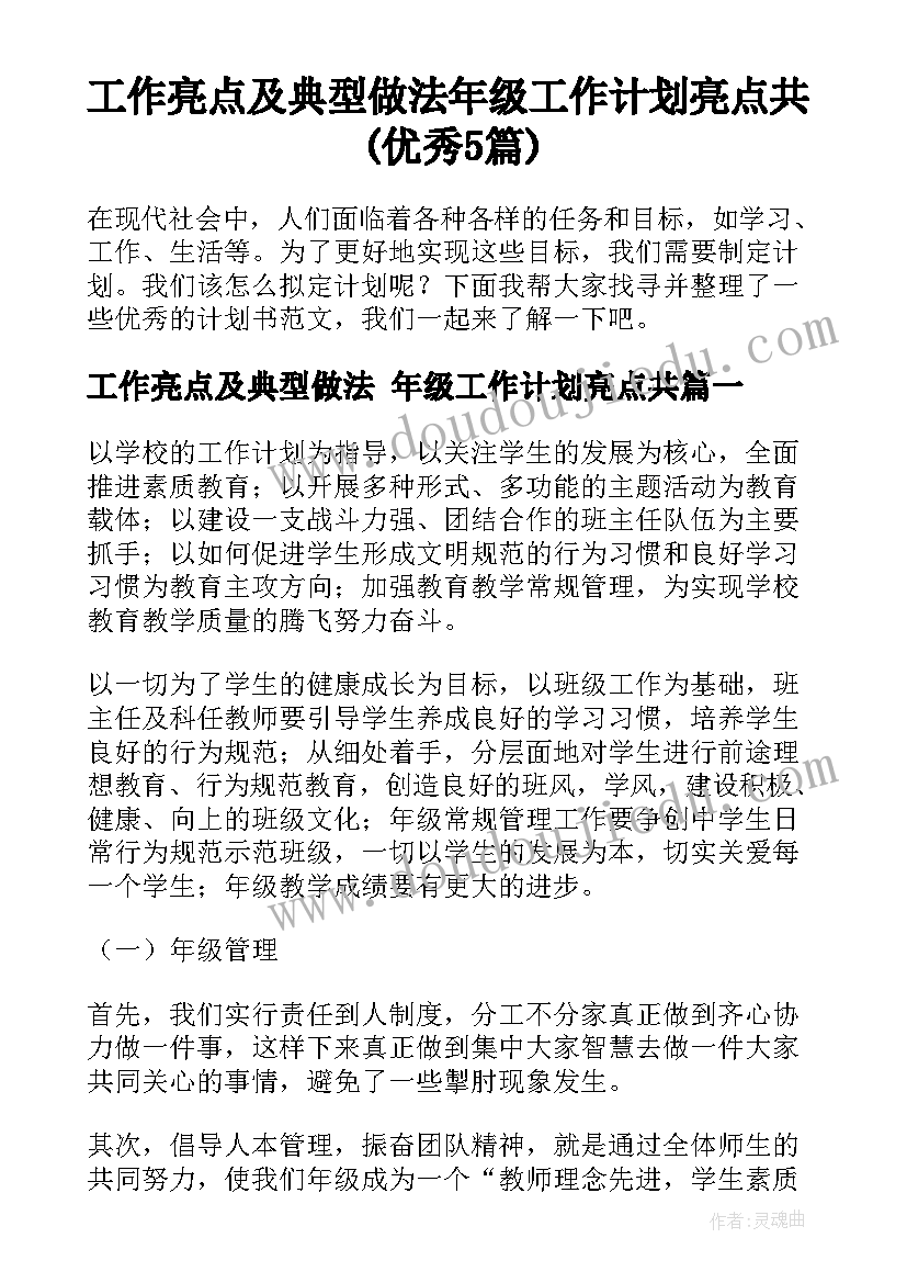 工作亮点及典型做法 年级工作计划亮点共(优秀5篇)