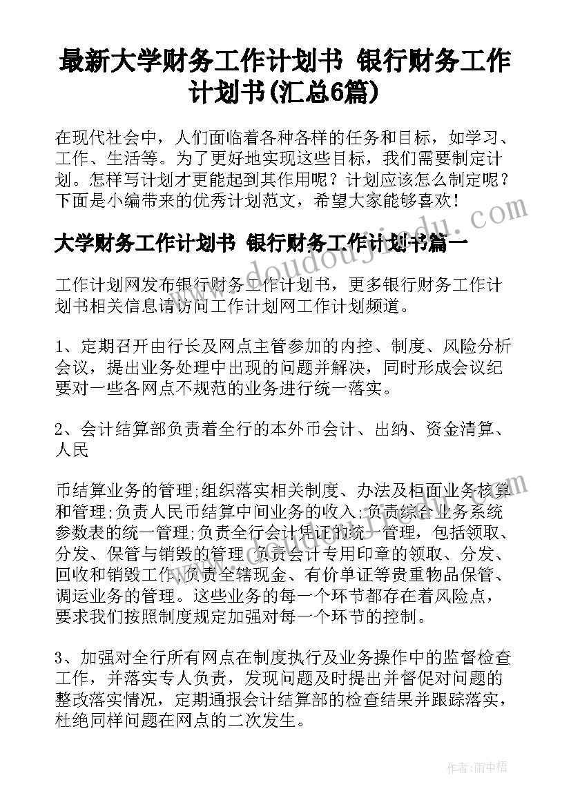 最新大学财务工作计划书 银行财务工作计划书(汇总6篇)