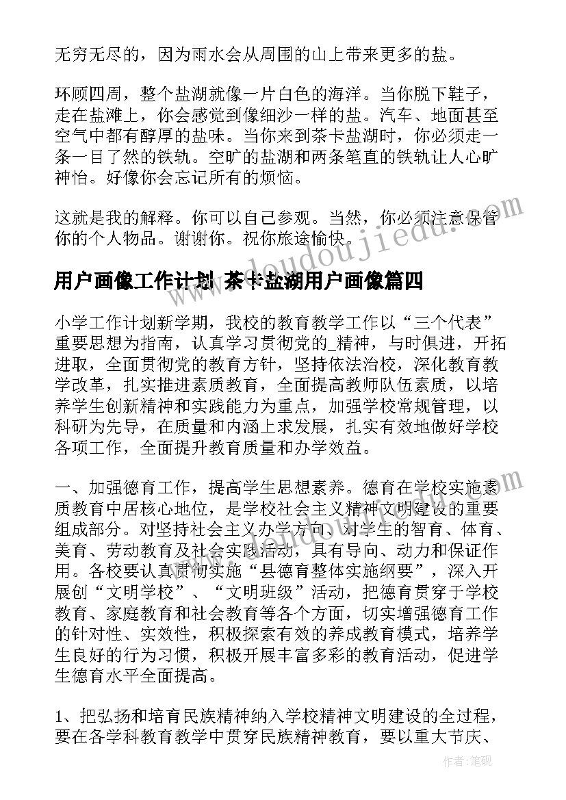 最新用户画像工作计划 茶卡盐湖用户画像(汇总5篇)