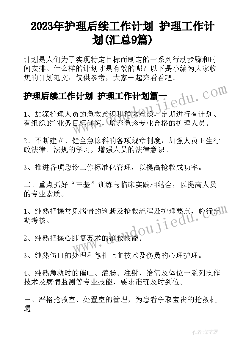 2023年护理后续工作计划 护理工作计划(汇总9篇)