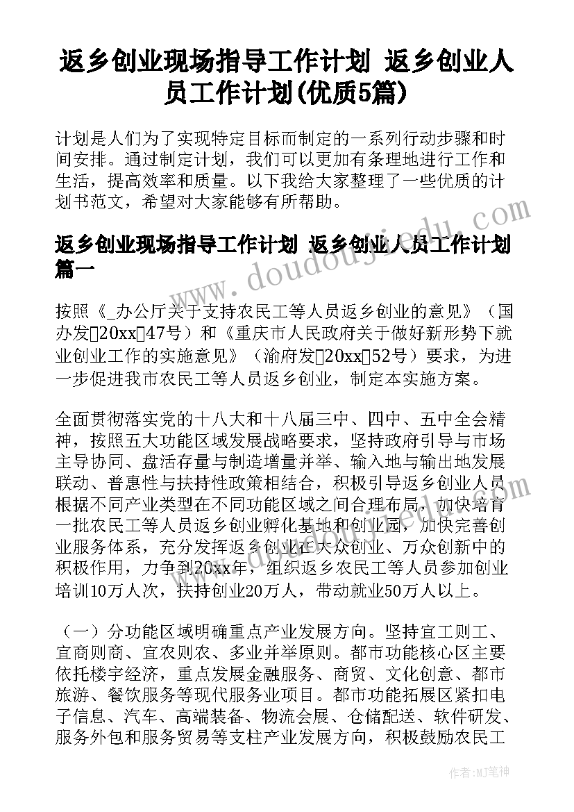 返乡创业现场指导工作计划 返乡创业人员工作计划(优质5篇)