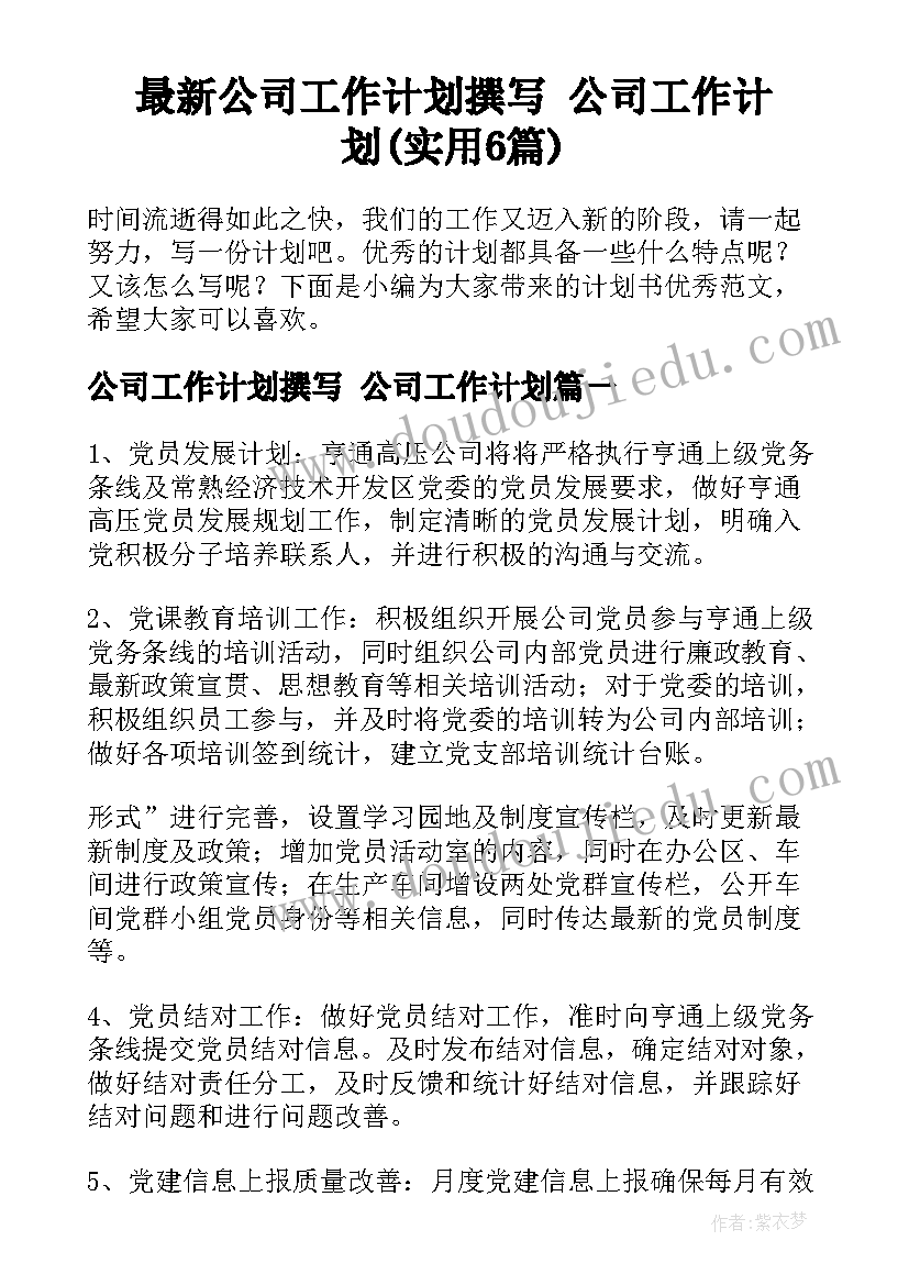 最新公司工作计划撰写 公司工作计划(实用6篇)