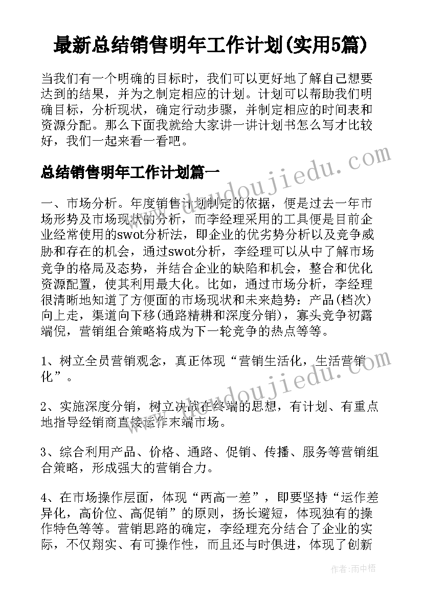 最新总结销售明年工作计划(实用5篇)