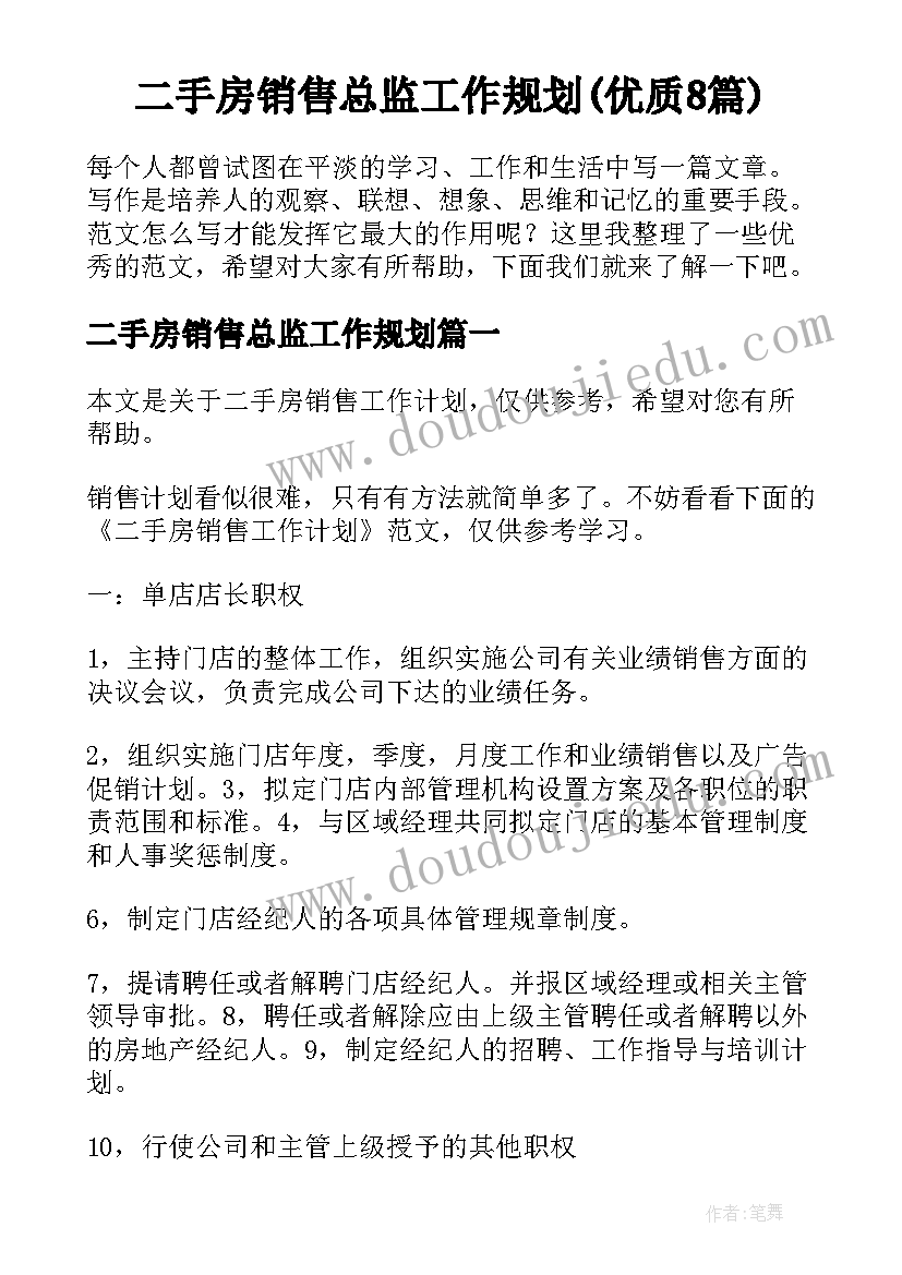 二手房销售总监工作规划(优质8篇)