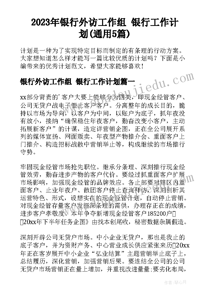 2023年银行外访工作组 银行工作计划(通用5篇)