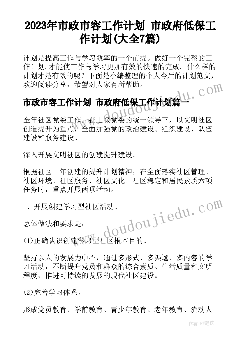 2023年市政市容工作计划 市政府低保工作计划(大全7篇)